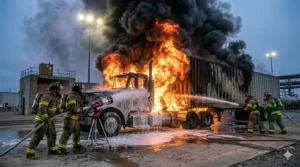 ฝึกอบรมดับเพลิงรถบรรทุกขนาดใหญ่ (Fire Trucker) เทคนิคการระงับเหตุเพลิงไหม้ห้องเครื่อง ยางระเบิด และสินค้าอันตราย โดยทีม TFGC